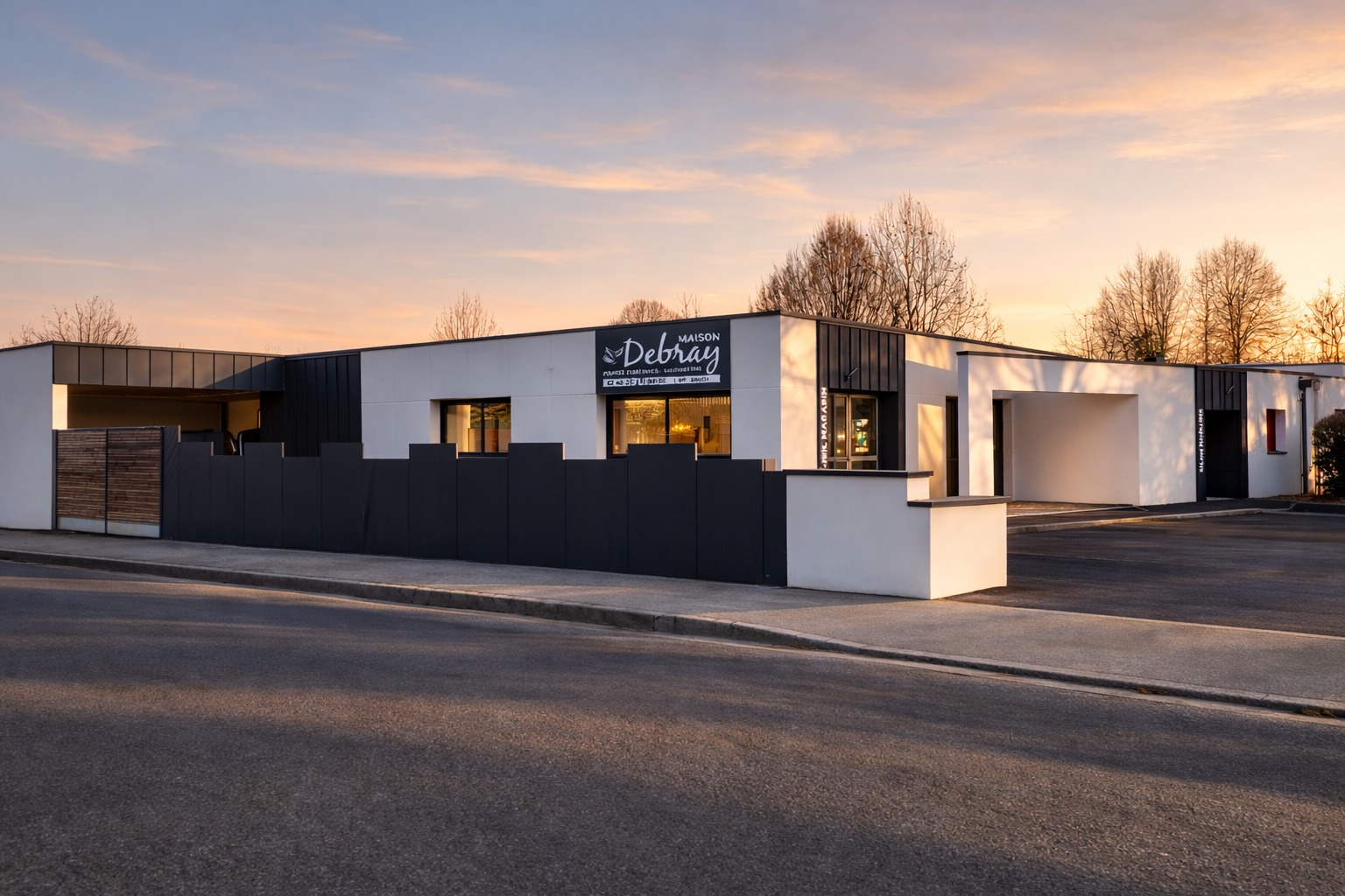 Bâtiment moderne au coucher du soleil